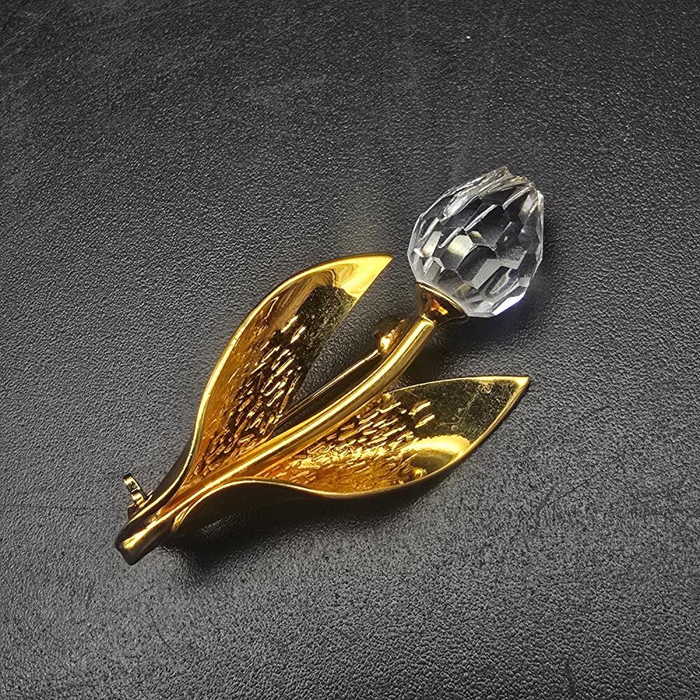 Swarovski Crystal Tulip Flower Brooch Gold Tone Swan Mark Vintage Jewelry